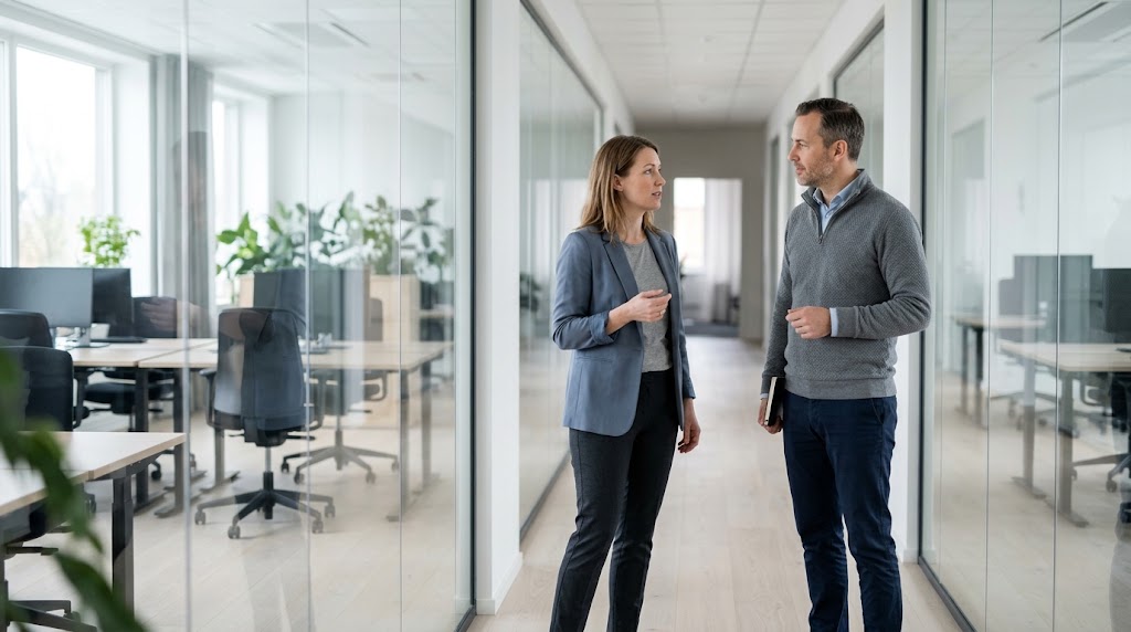 Two colleagues from different departments talking in a corridor between two office areas after a restructure.